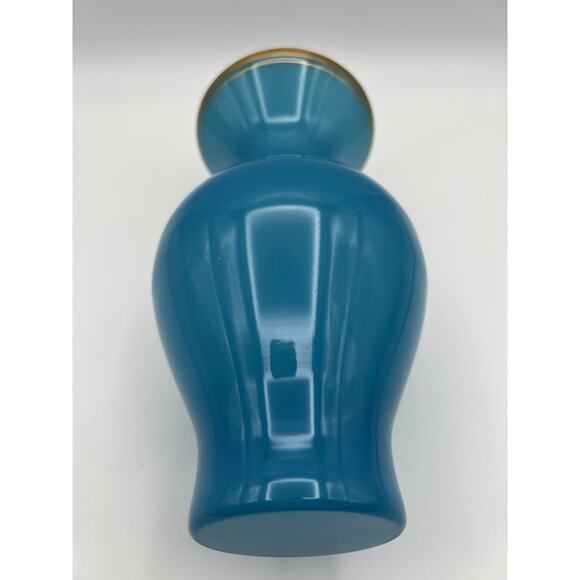 French Blue Opaline Glass Vase Baluster Shape & Flare Rim with Gold Band 8.25” - Picture 9 of 12